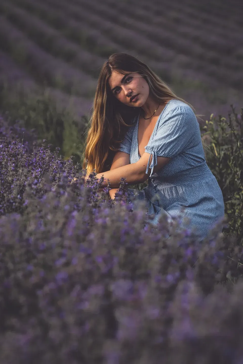 Frau im hellblauen Sommerkleid sitzt zwischen blühendem Lavendel, die Reihen des Feldes im Hintergrund