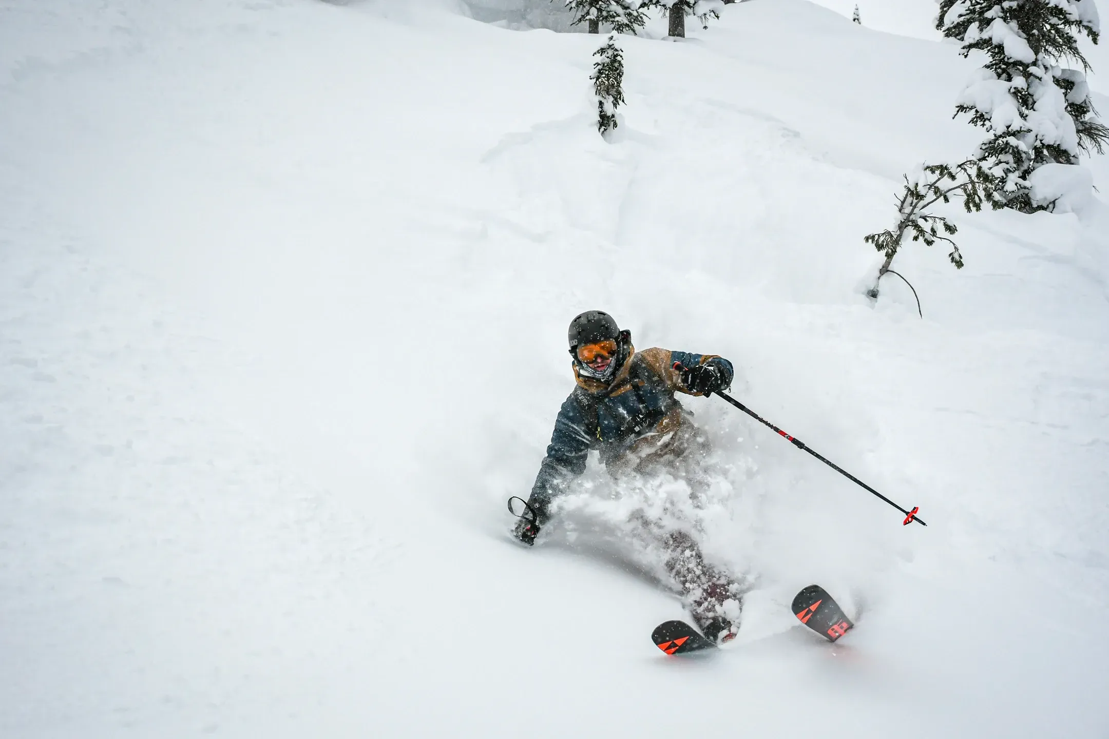 Skifahrer in Schräglage im Tiefschnee, Skispitzen und roter Skistock ragen aus dem aufgewirbelten Pulver