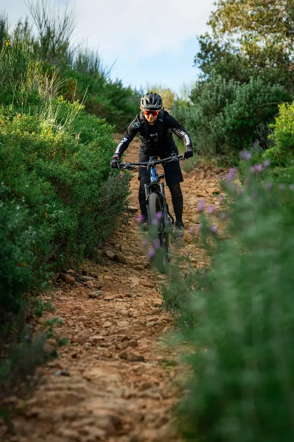 Mountainbikerin fährt auf einem steinigen Pfad zwischen grünen Büschen und lila Blüten auf die Kamera zu