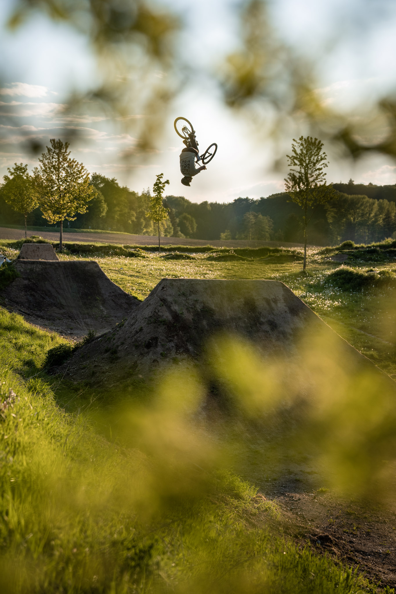 Dirtbiker im Backflip über Erdschanzen im Abendlicht, unscharfes Laub im Vordergrund und Bäume am Horizont