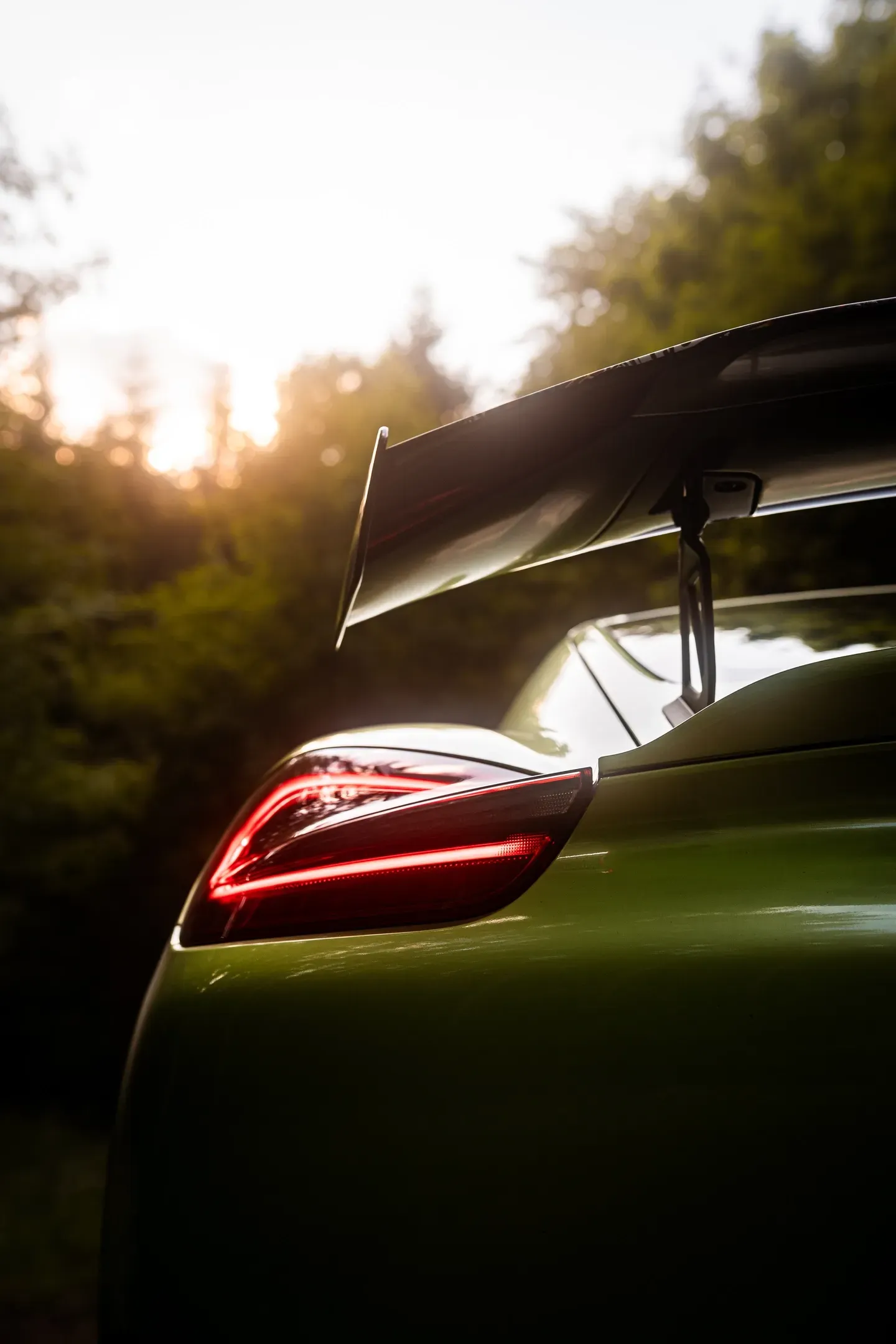 Detailaufnahme vom Heck eines grünen Sportwagens mit großem Spoiler und LED-Rücklicht vor sonnigem Waldrand