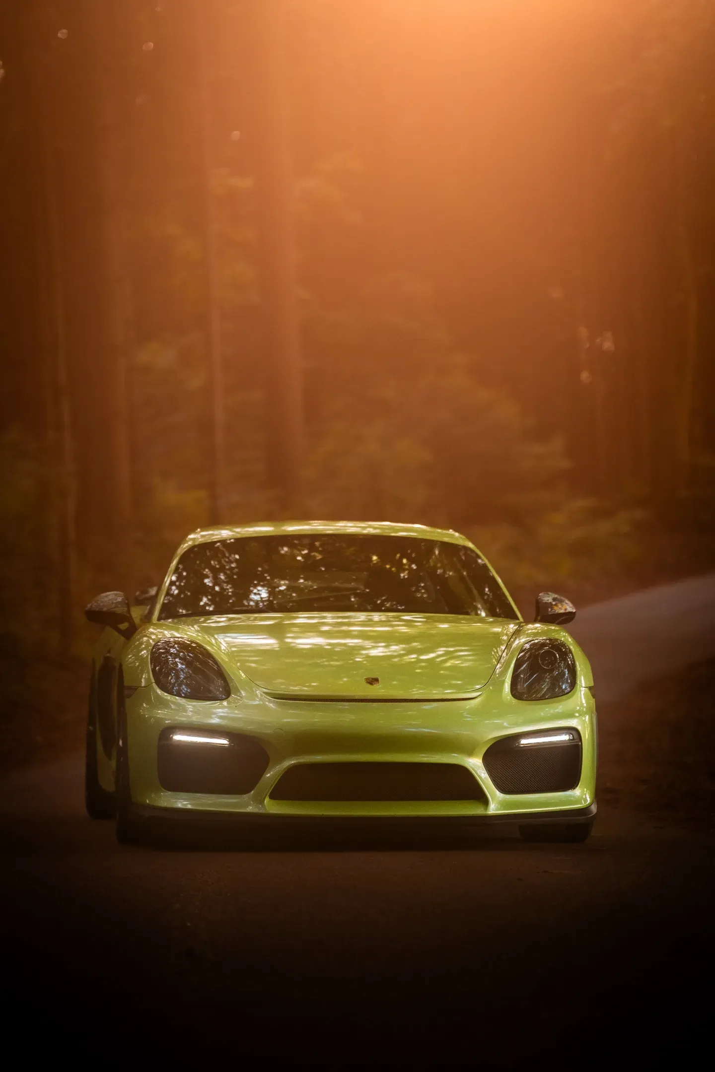 Gelbgrüner Porsche Cayman GT4 frontal auf einer Waldstraße, umhüllt von orangem Dunst und weichem Licht