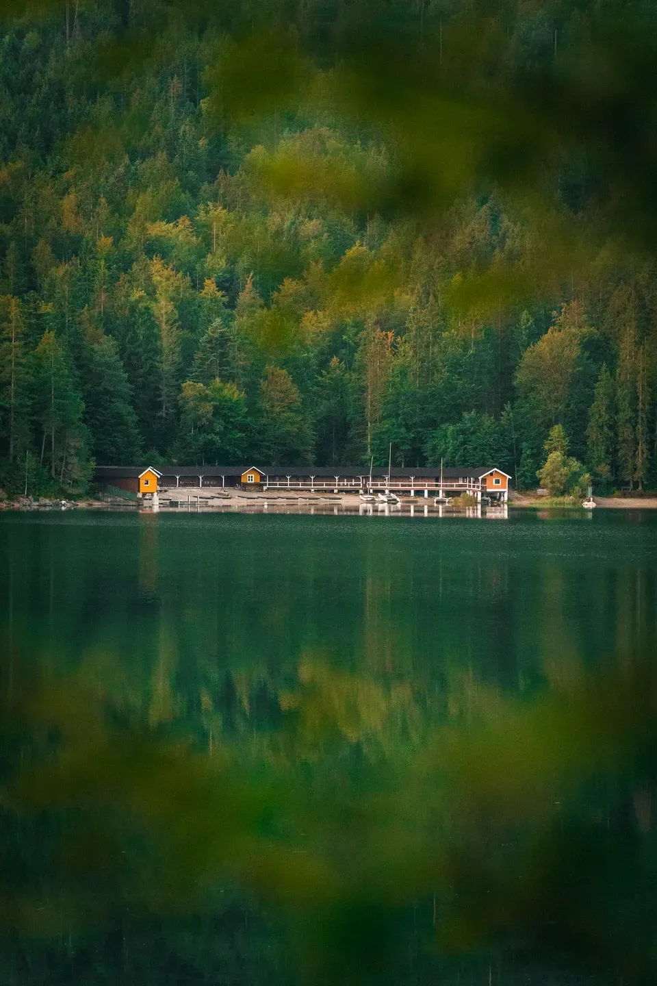 Bootshäuser am Ufer eines grünen Sees vor bewaldetem Hang, durch unscharfe Blätter im Vordergrund fotografiert